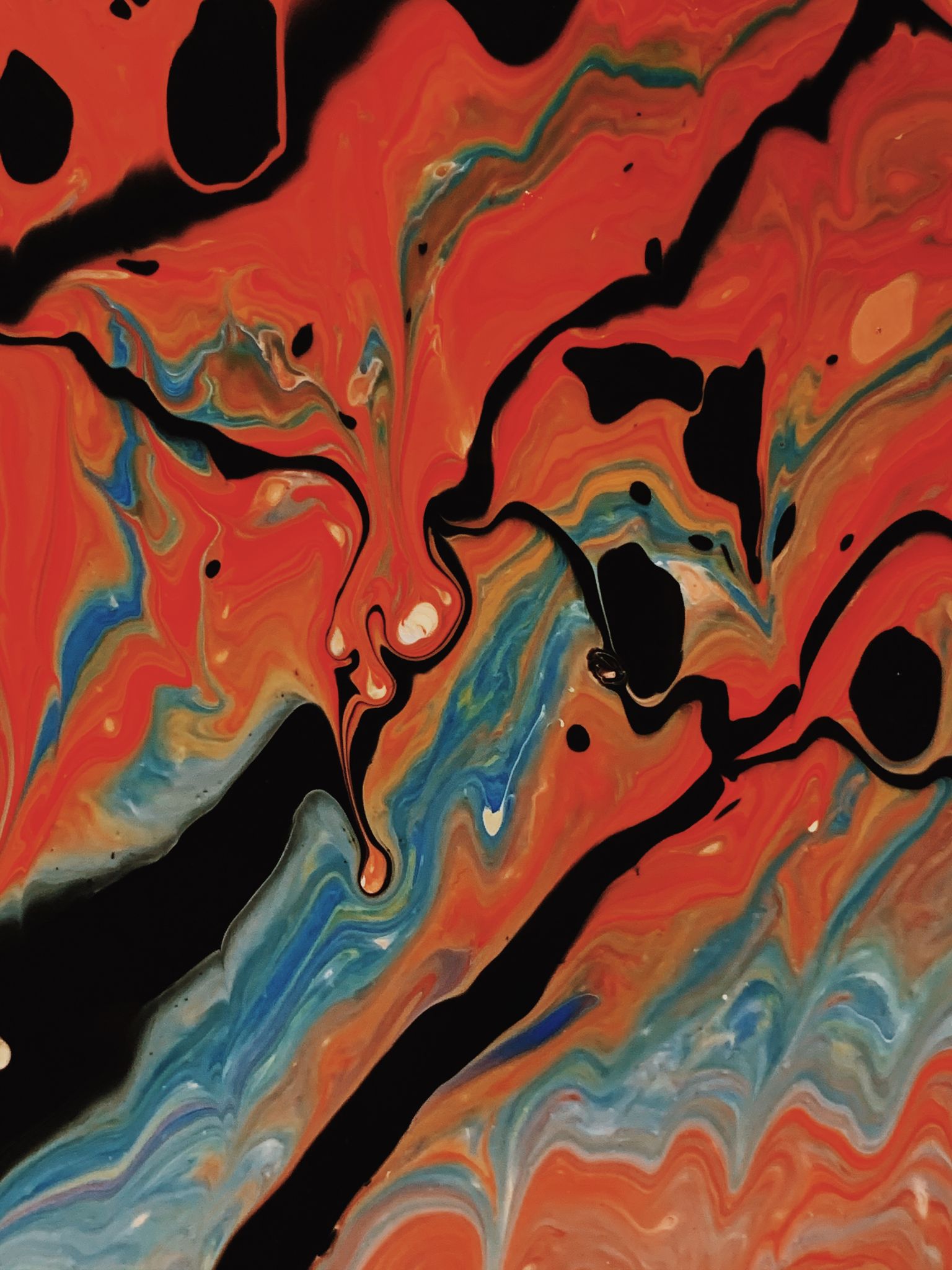 Colorful abstract expressionism painting with flowing patterns and vibrant hues.