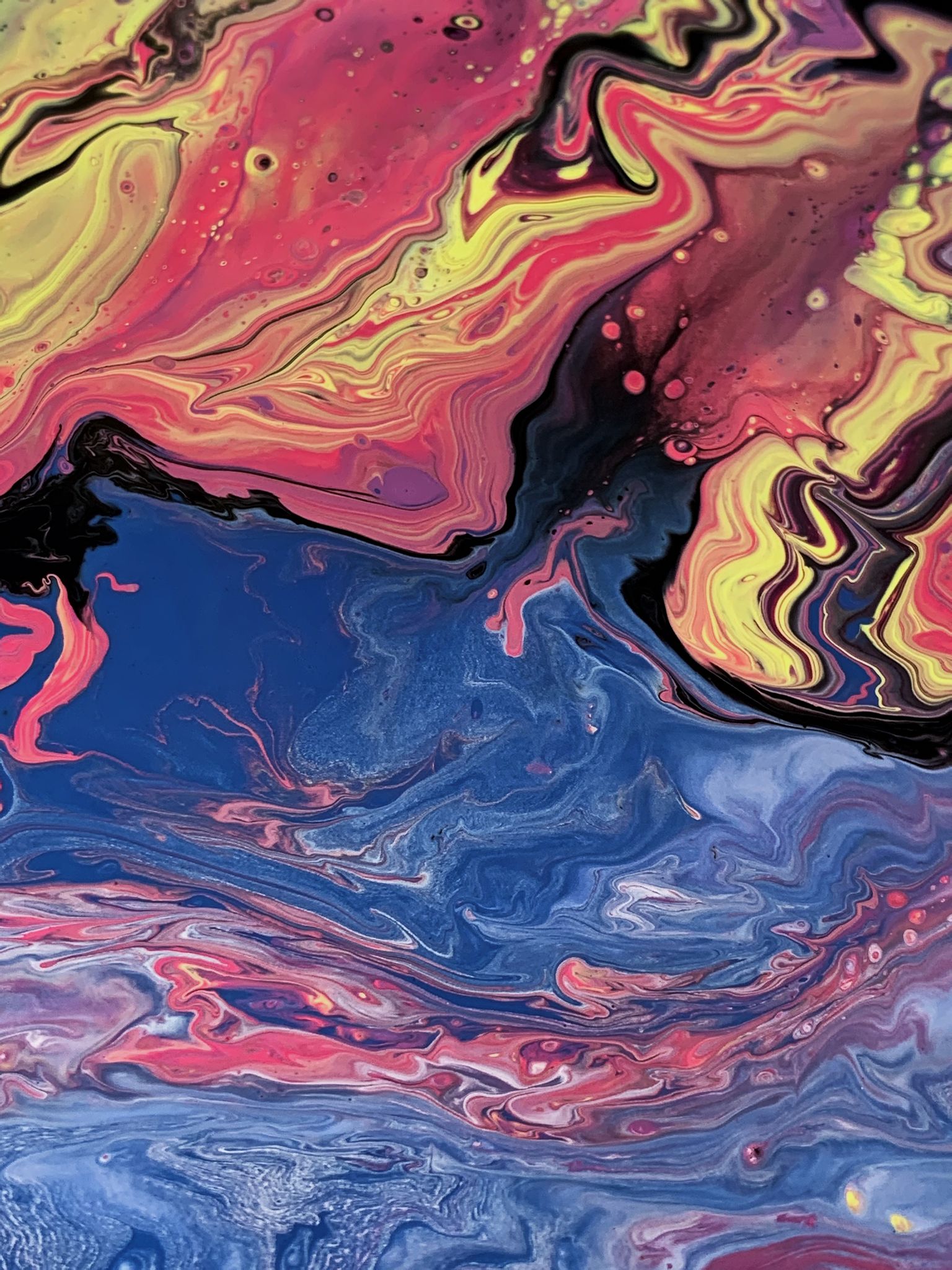 Top view of colorful gouache image with river fluid and contrast wavy lines mixed with ink creating motion effect